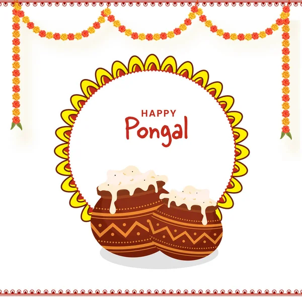 Happy Pongal Celebration Concept Clay Pots Full Traditional Dish Rice — Stockvektor