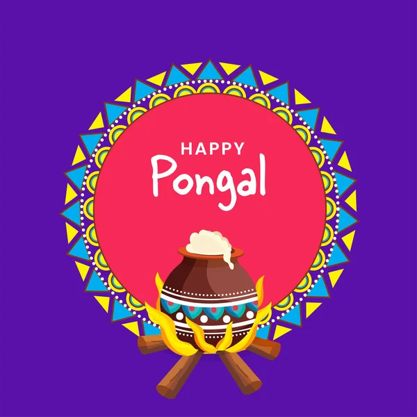 Happy Pongal Celebration Concept Cooking Food Mud Pot Bonfire Pink — Stockvektor