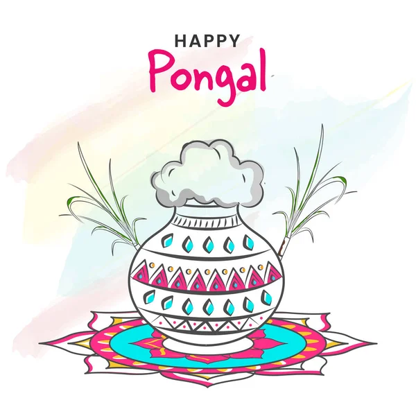 Happy Pongal Celebration Concept Doodle Style Mud Pot Full Traditional — Vetor de Stock