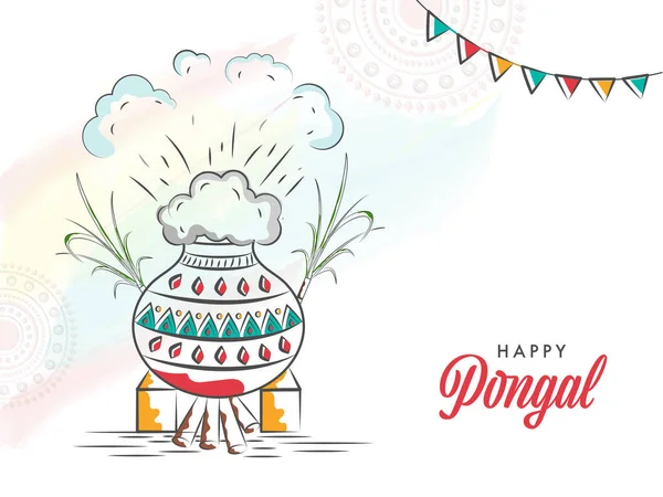 Happy Pongal Celebration Concept Doodle Style Traditional Dish Making Mud — Stockvektor