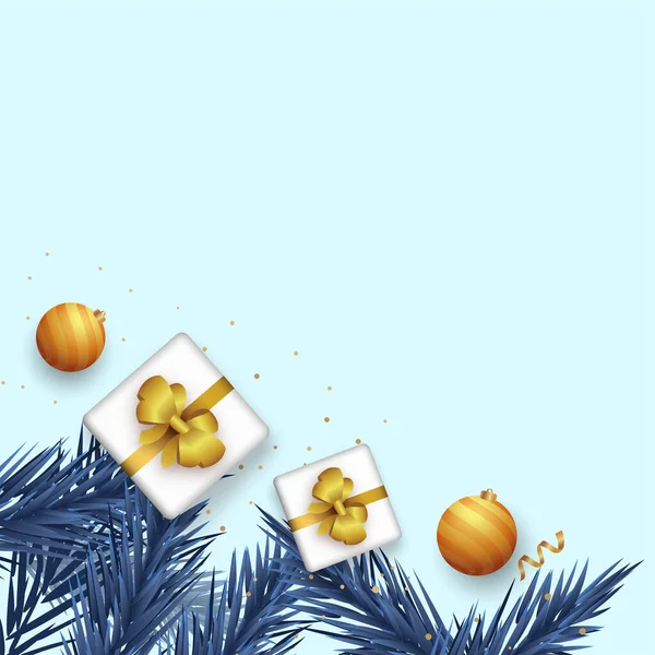 Top View Realistic Gift Boxes Golden Baubles Fir Pine Leaves — 图库矢量图片