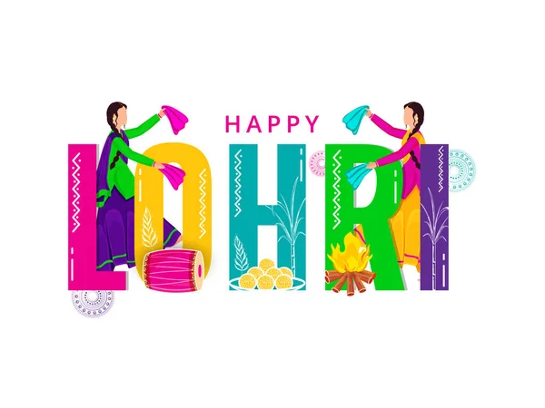 Colorful Happy Lohri Font Faceless Punjabi Female Folk Dancers Dhol — Vettoriale Stock