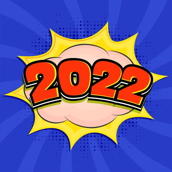 Layered 2022 Number Comic Explosion Halftone Effect Blue Swirl Rays — Stock Vector