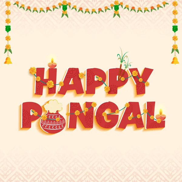 Red Happy Pongal Text Traditional Dish Mud Pot Sugarcane Lit — Stockvektor