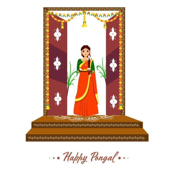 美しい南インドの女性は ポンガル祭りのための保持プレートとドアに立って — ストックベクタ