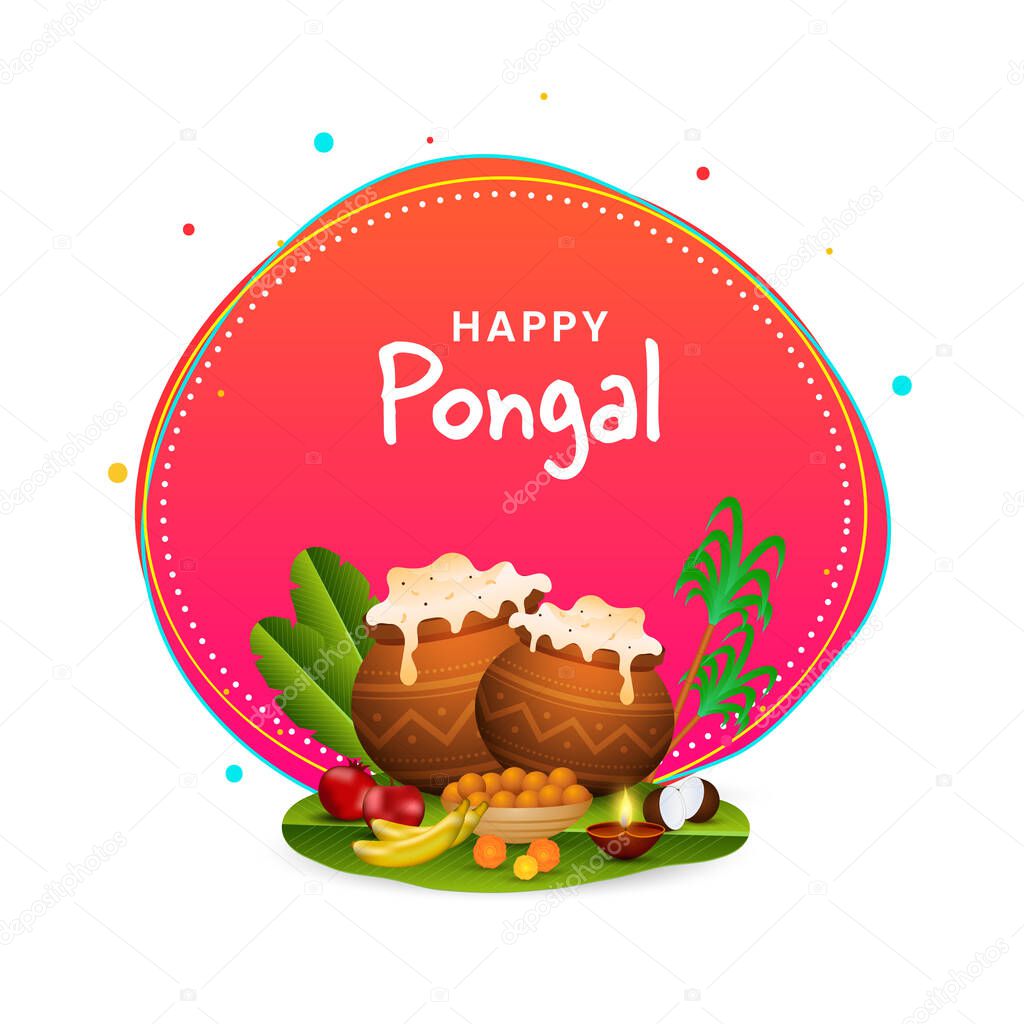 Happy Pongal Concept With Festival Elements On Pink And White Background.
