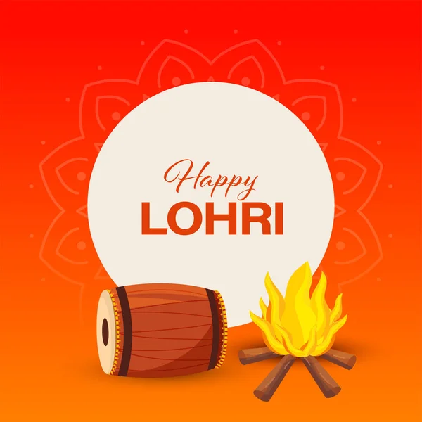 Happy Lohri Font Circular Frame Dhol Drum Bonfire Gradient Orange — 스톡 벡터
