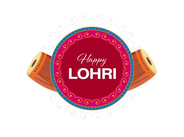 Happy Lohri Font Circular Frame Two Dhol Drum White Background — Vettoriale Stock