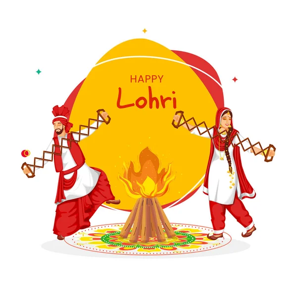 Happy Lohri Celebration Concept Punjabi Couple Playing Sapp Instruments Bonfire — стоковий вектор