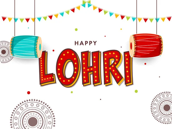 Happy Lohri Celebration Concept Dhol Drum Instruments Hang Bunting Flags — Vettoriale Stock