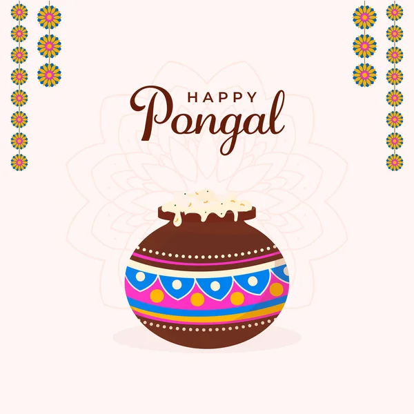 Happy Pongal Celebration Concept Met Modder Pot Vol Met Traditionele — Stockvector