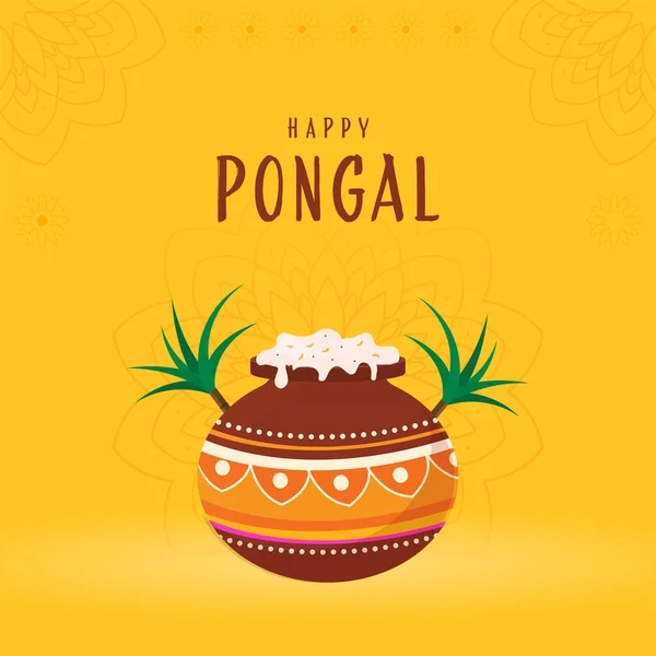 黄色の曼荼羅図に泥鍋やサトウキビで伝統的な料理 と幸せなポンポンお祝いポスターのデザイン背景 — ストックベクタ