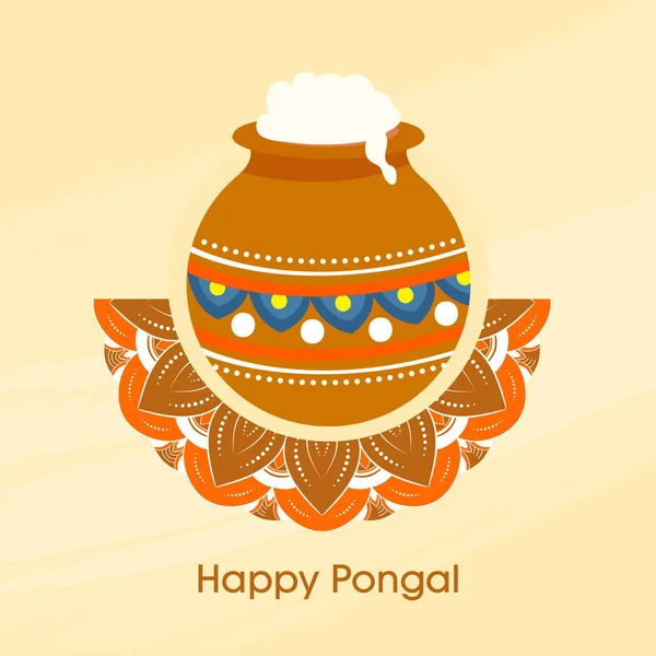 黄色の背景にランゴリの上に泥鍋で伝統的な料理と幸せなポンポンのお祝いのコンセプト — ストックベクタ
