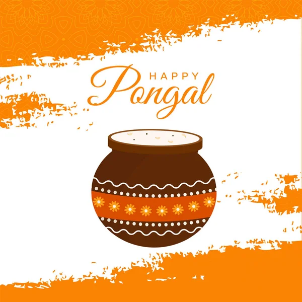 Happy Pongal Font Mud Pot Full Traditional Dish Rice Orange — Stockvektor