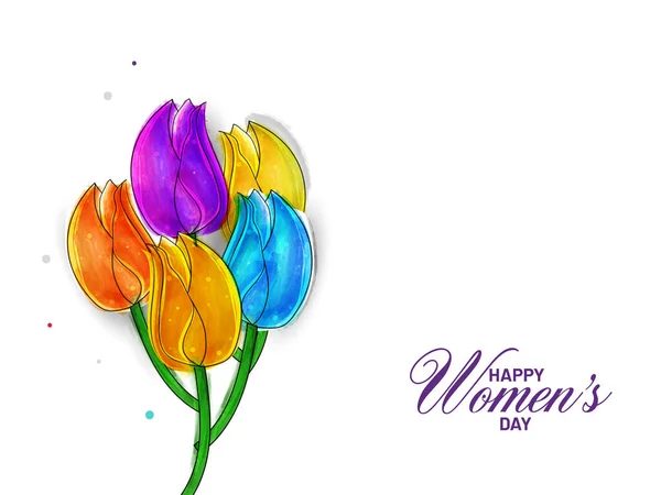 Happy Women Day Font Watercolor Effect Tulip Bunch White Background — Vettoriale Stock