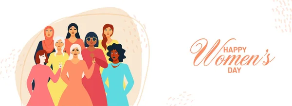 Happy Women Day Banner Header Design Con Diferentes Religiones Grupo — Vector de stock