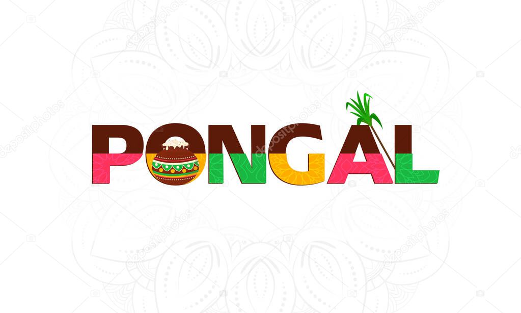 Colorful Pongal Font With Sugarcane, Traditional Dish (Rice) In Mud Pot On White Mandala Pattern Background.