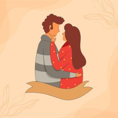 Pastel Turuncu Arkaplanda Boş Kurdeleli Yüzsüz Genç Romantik Çift.