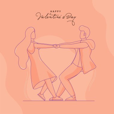 Mutlu Sevgililer Günü Yazı Tipi Doğrusal Tarz Genç Çift Şeftali Arkaplanda Birlikte Dans Ediyor.