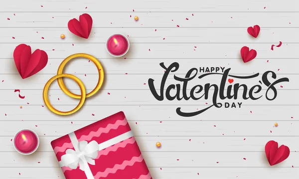 Happy Valentine Day Font Top View Golden Couple Rings Gift — Stockvector