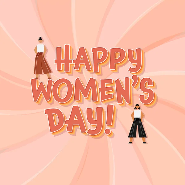 Layered Happy Women Day Font Young Girls Standing Peach Swirl — Stock vektor