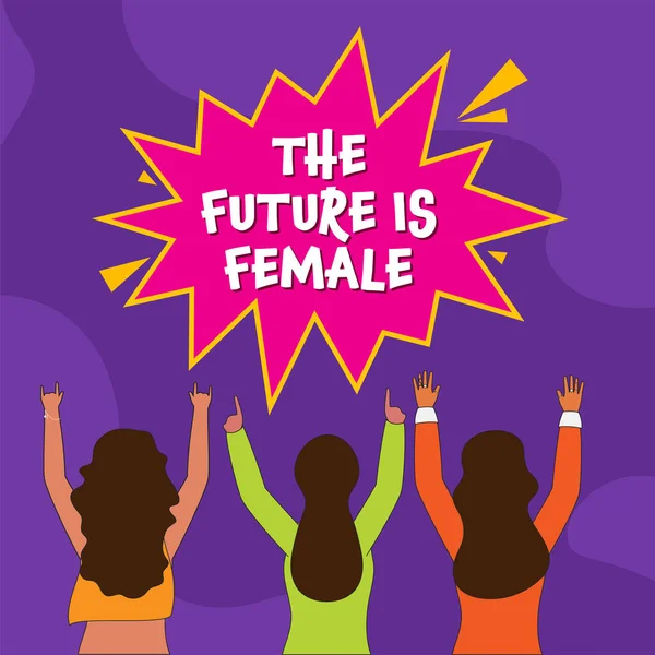 Back View Young Girl Protesters Saying Future Female Purple Background — Vector de stock