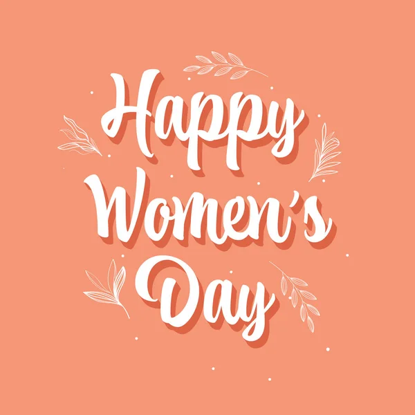 Happy Women Day Font Linear Leaves Dark Peach Background — Stock Vector