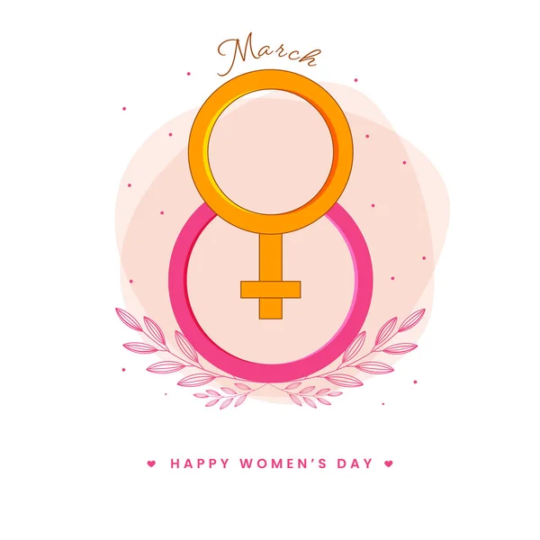 3月8日数とともに女性の性別記号 幸せな女性の日のコンセプトのためのピンクと白の背景に葉 — ストックベクタ