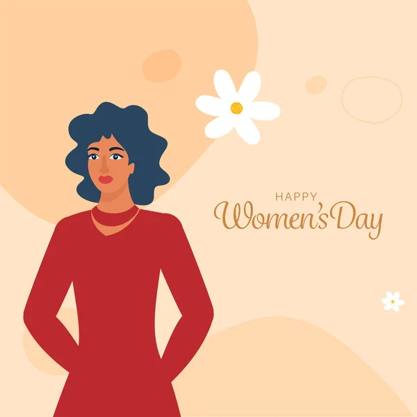 Happy Women Day Poster Design Young Lady Character Flowers Pastel — Vector de stock