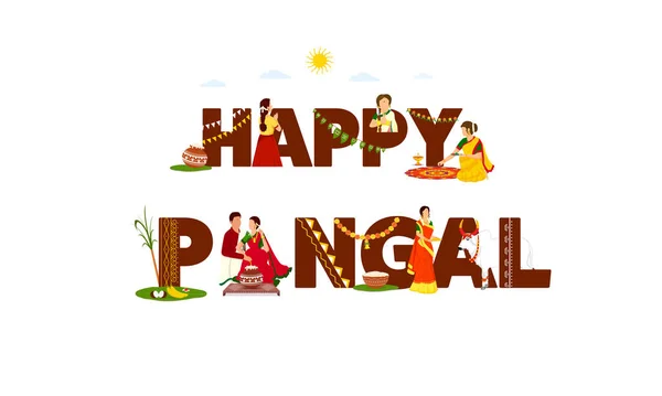 Fondo Celebración Feliz Pongal Con Gente Del Sur India Carácter — Vector de stock