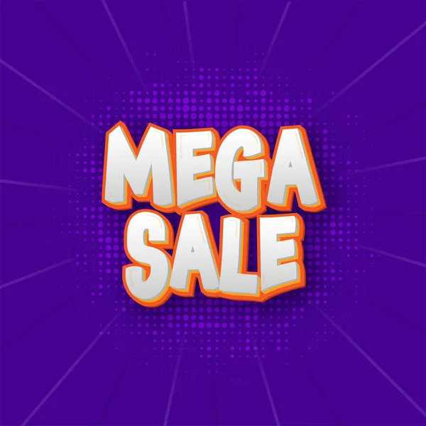 Sticker Style Mega Sale Font Purple Halftone Rays Background — Vetor de Stock