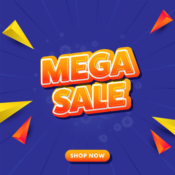 Sticker Style Mega Sale Font With 3D Geometric Triangle Elements On Blue Rays Halftone Background.
