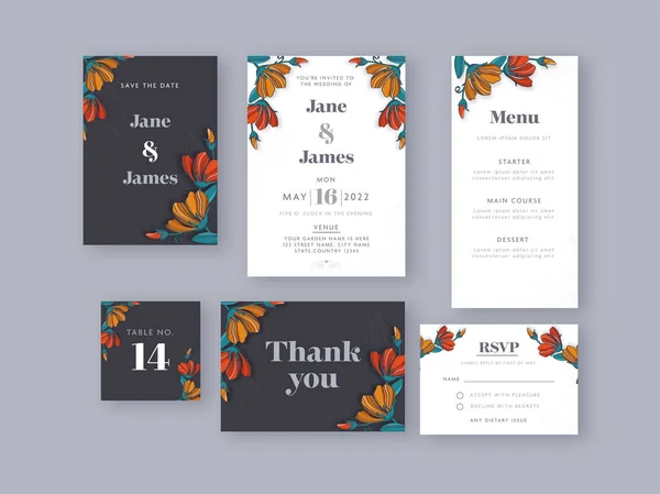 Floral Wedding Card Suite Πρότυπο Διάταξη Μαύρο Και Άσπρο Χρώμα — Διανυσματικό Αρχείο