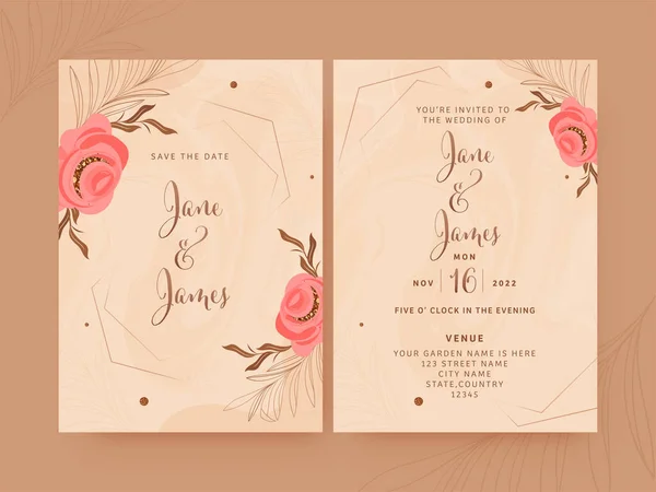 花やイベントの詳細が飾られた結婚式の招待カード — ストックベクタ