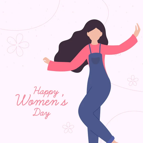 Happy Women Day Font Met Gezichtsloos Jong Meisje Zwaaien Haar — Stockvector