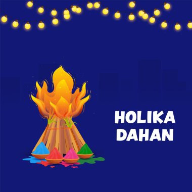Holika Dahan Celebration Concept With Bonfire, Sugarcane, Bowls Full Of Dry Color (Gulal) And Lighting Garland On Blue Silhouette Buildings Background. clipart
