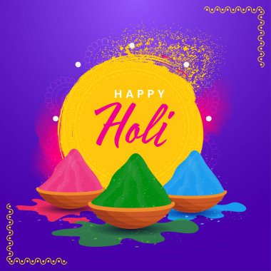 Happy Holi Celebration Concept With Bowls Full Of Powder Color (Gulal), Yellow Brush Stroke on Purple Background.