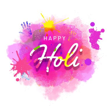 Happy Holi Font With Hand Prints On Splash Watercolor Effect Background.