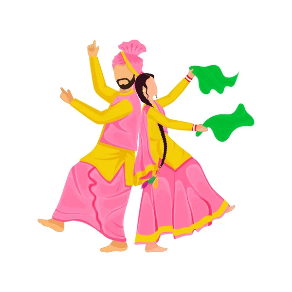 Young Punjabi Couple Doing Bhangra Dance White Background — стоковый вектор