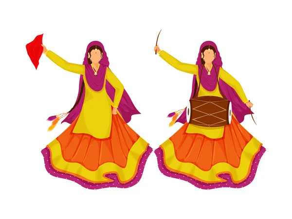 Young Punjabi Women Doing Bhangra Dance Dhol Drum White Background — стоковый вектор