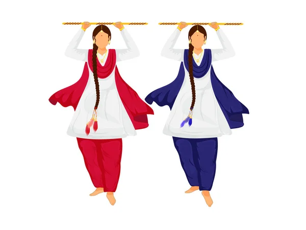 Young Punjabi Ladies Holding Wooden Sticks Standing Pose — Image vectorielle