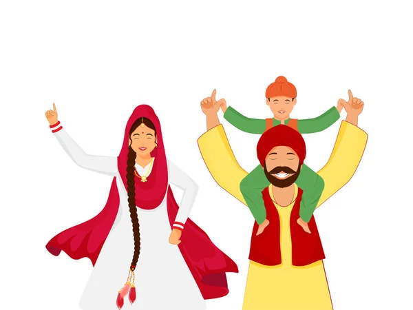 Famille Punjabi Faire Bhangra Dans Les Vêtements Traditionnels — Image vectorielle