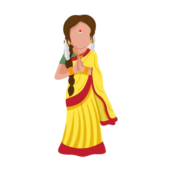South Indian Young Lady Doing Namaste Greet White Background — стоковий вектор