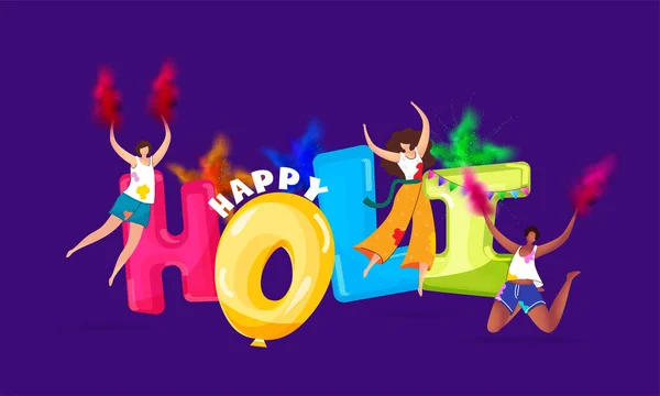 Colorful Holi Balloon Font Faceless Teenager Girls Playing Colors Purple — Stok Vektör