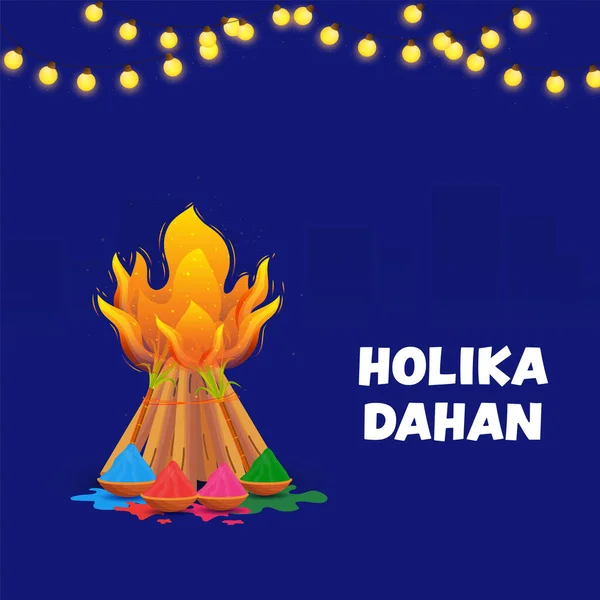 Holika Dahan Celebration Concept Bonfire Sugarcane Bowls Full Dry Color — Stock vektor