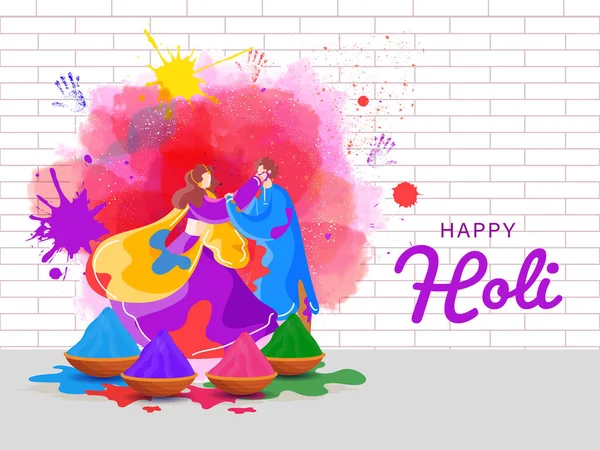 Indian Couple Playing Holi Each Other Handprint Bowl Full Powder — Vector de stock