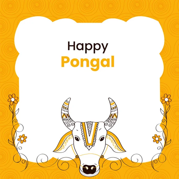 Happy Pongal Concept Doodle Bull Face Floral Decorated White Yellow — Stockvector