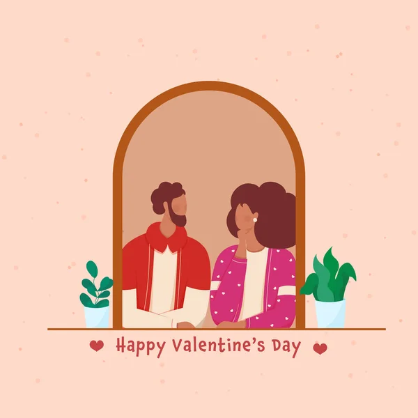 Happy Valentine Day Poster Design Faceless Romantic Couple Looking Each — Stockvector