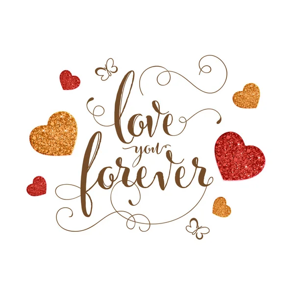 Love You Forever Font Con Farfalle Lineari Cuori Glitter Sfondo — Vettoriale Stock