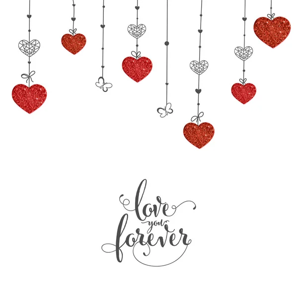 Love You Forever Quote Linear Crystal Glitter Hearts Butterflies Hang — Stock vektor